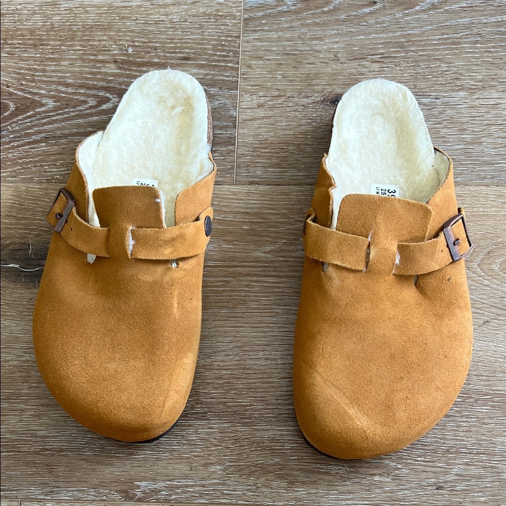 Birkenstock Camel Suede Shearling Clogs with Buckle